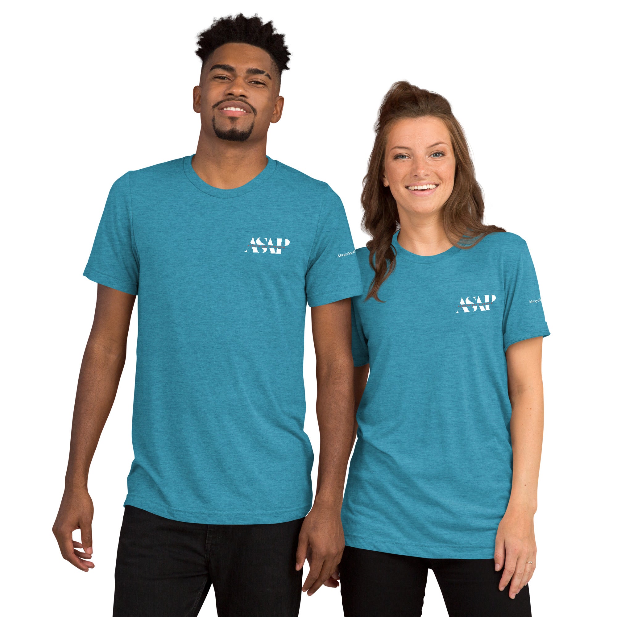 men and women wearing a unisex tri blend t shirt aqua with white asap print