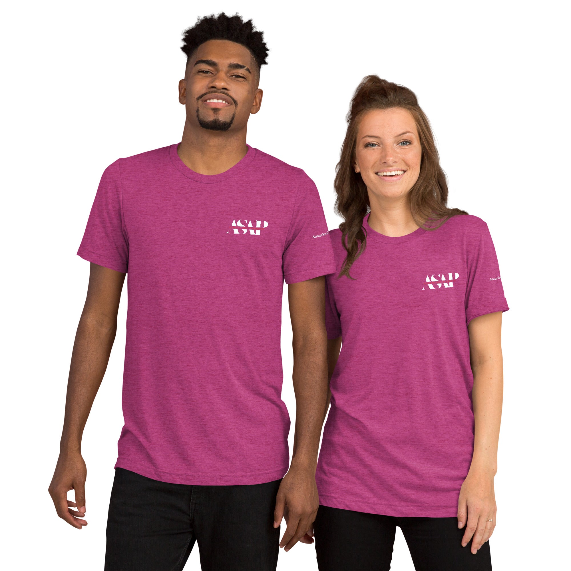 men and women wearing a unisex tri blend t shirt pink with white asap print