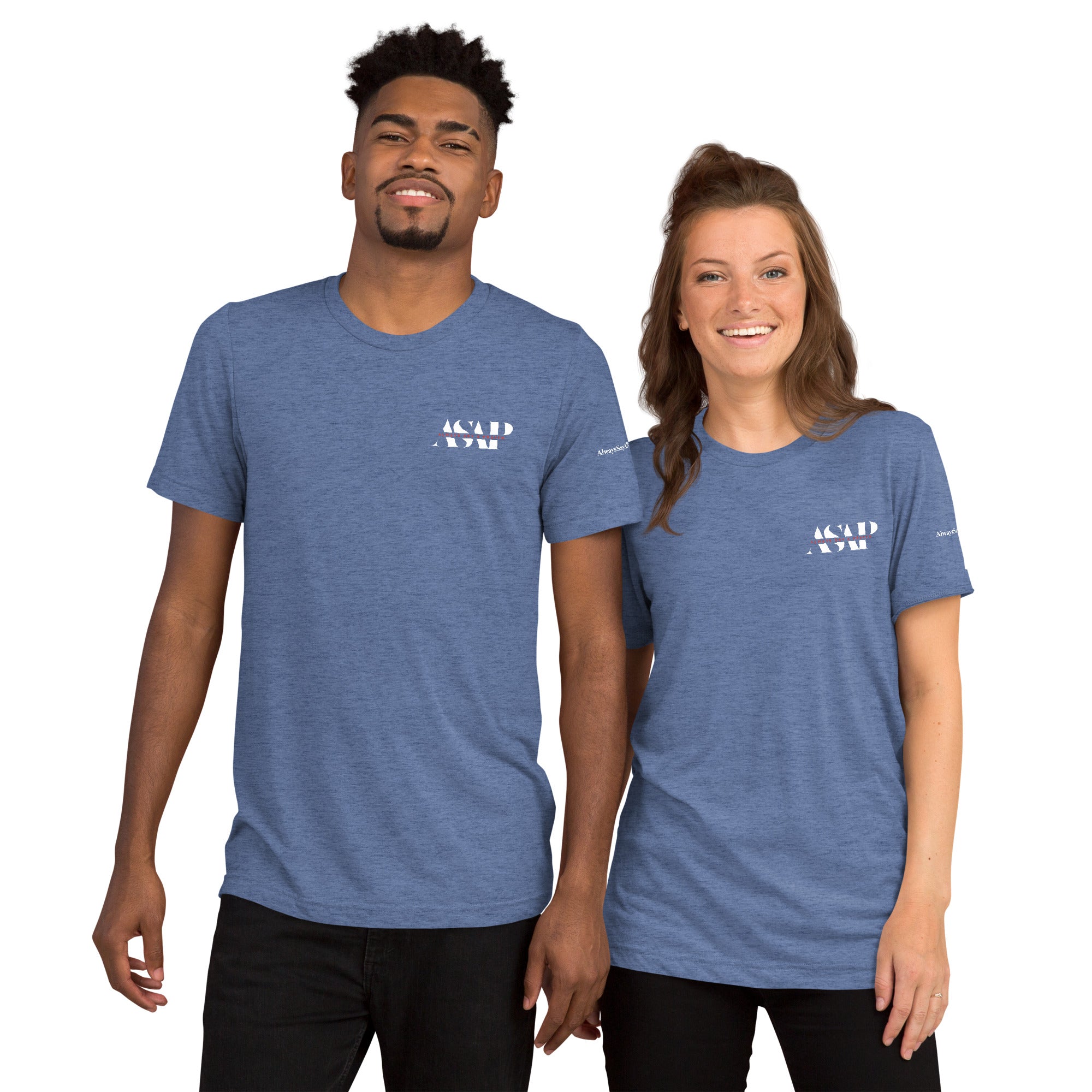 men and women wearing a unisex tri blend t shirt blue with white asap print