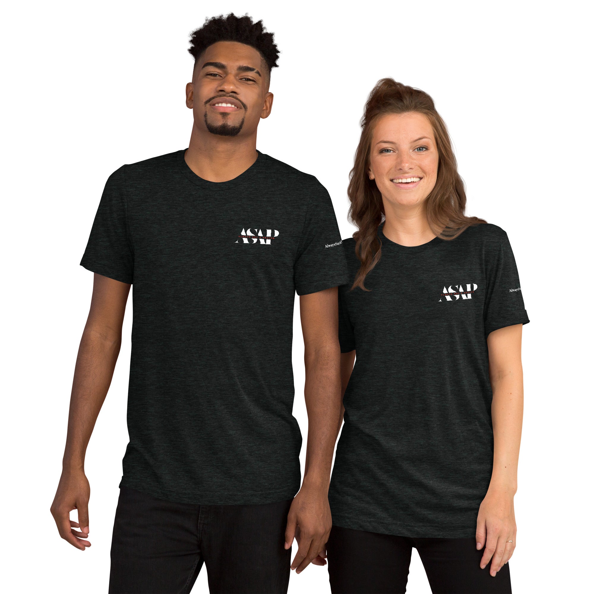men and women wearing a unisex tri blend t shirt black with white asap print