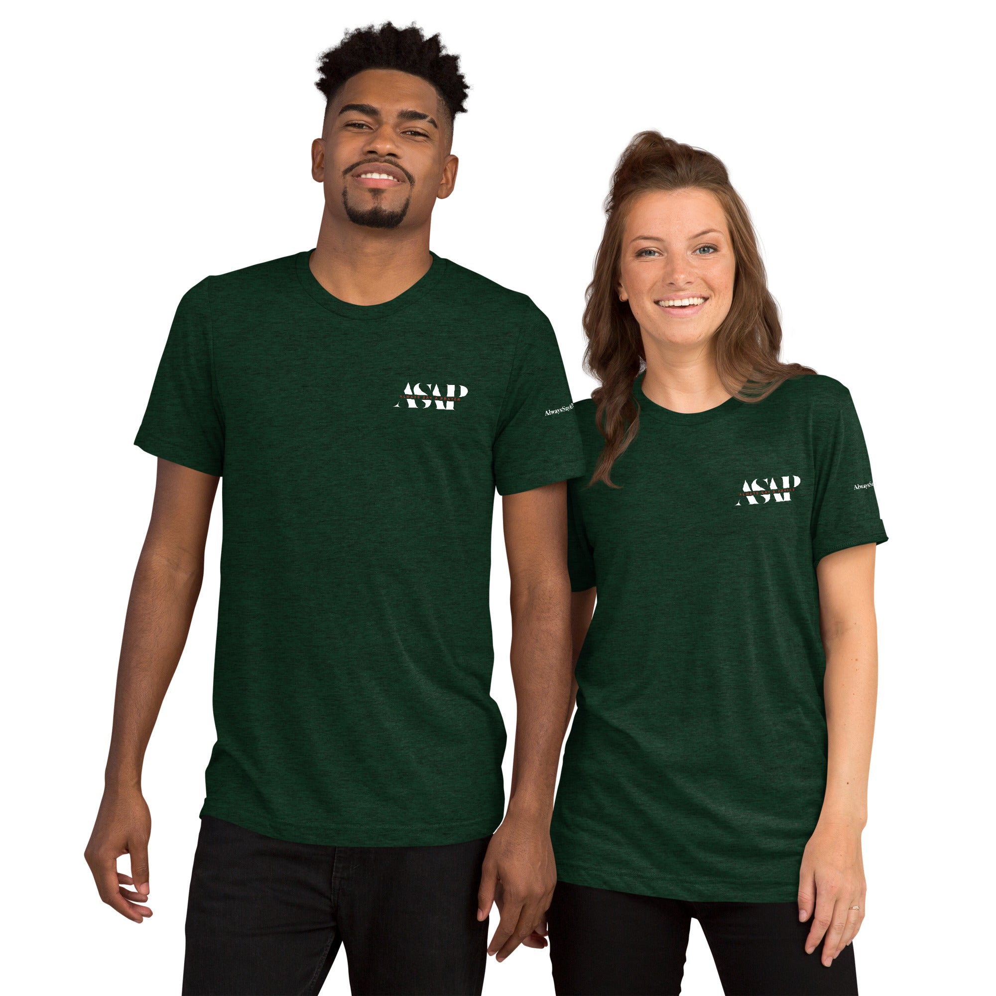 men and women wearing a unisex tri blend t shirt emerald green with white asap print
