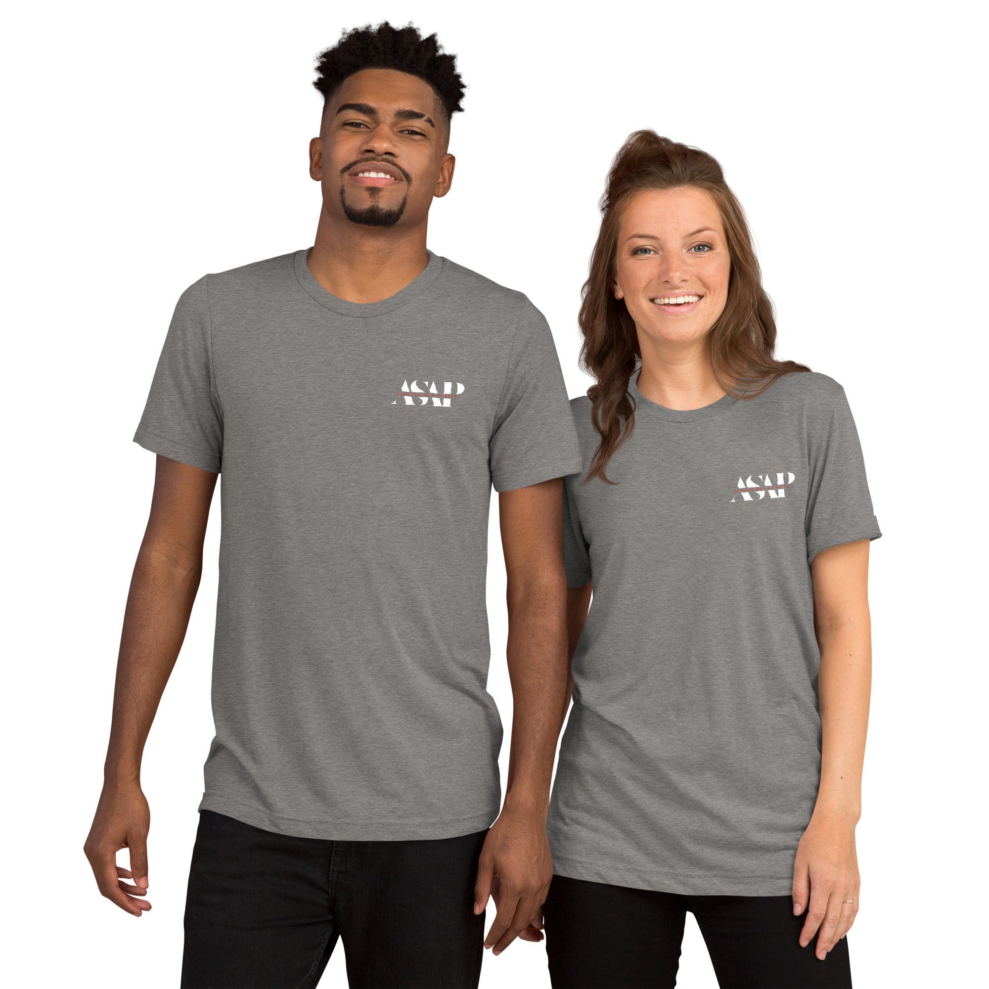men and women wearing a unisex tri blend t shirt grey with white asap print