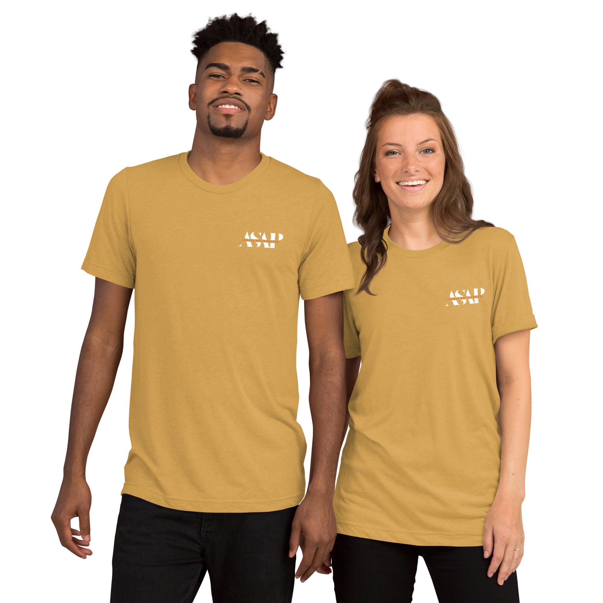 men and women wearing a unisex tri blend t shirt mustard yellow with white asap print