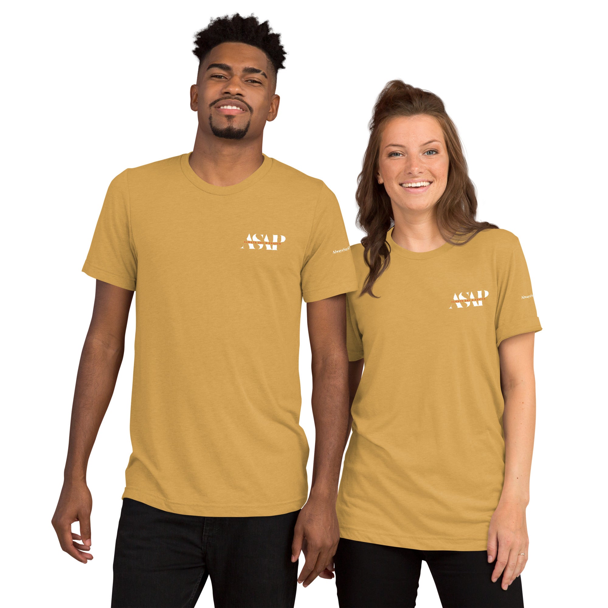 men and women wearing a mustard yellow unisex tri blend t shirt with white asap print