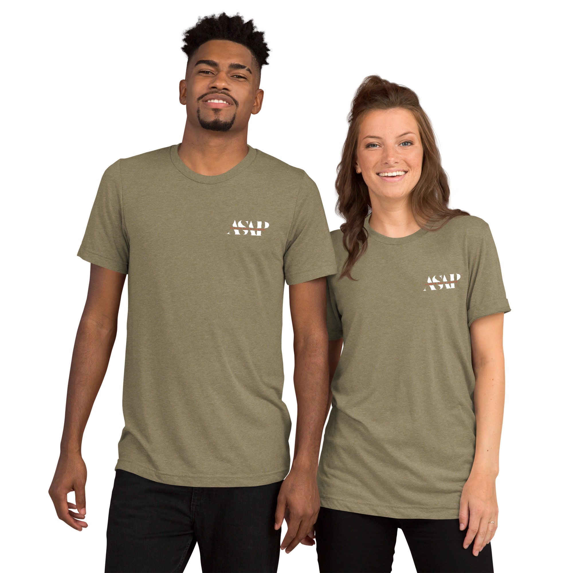 men and women wearing a unisex tri blend t shirt olive with white asap print