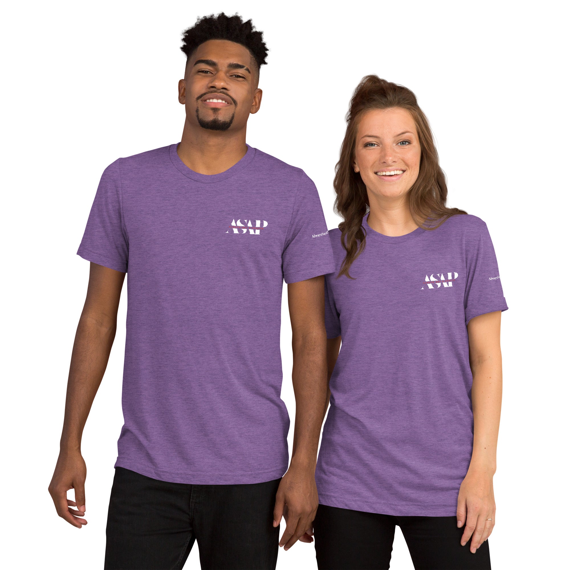 men and women wearing a unisex tri blend t shirt purple with white asap print