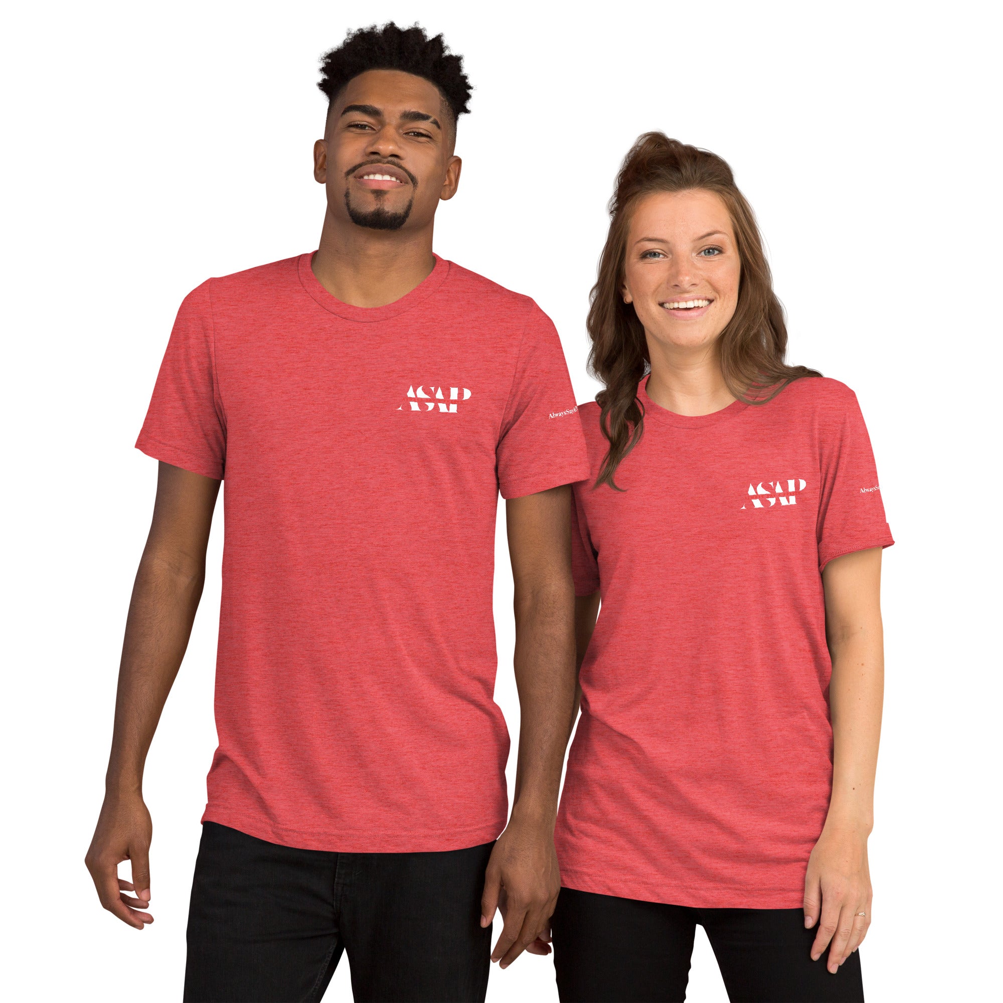 men and women wearing a red unisex tri blend t shirt with white asap print