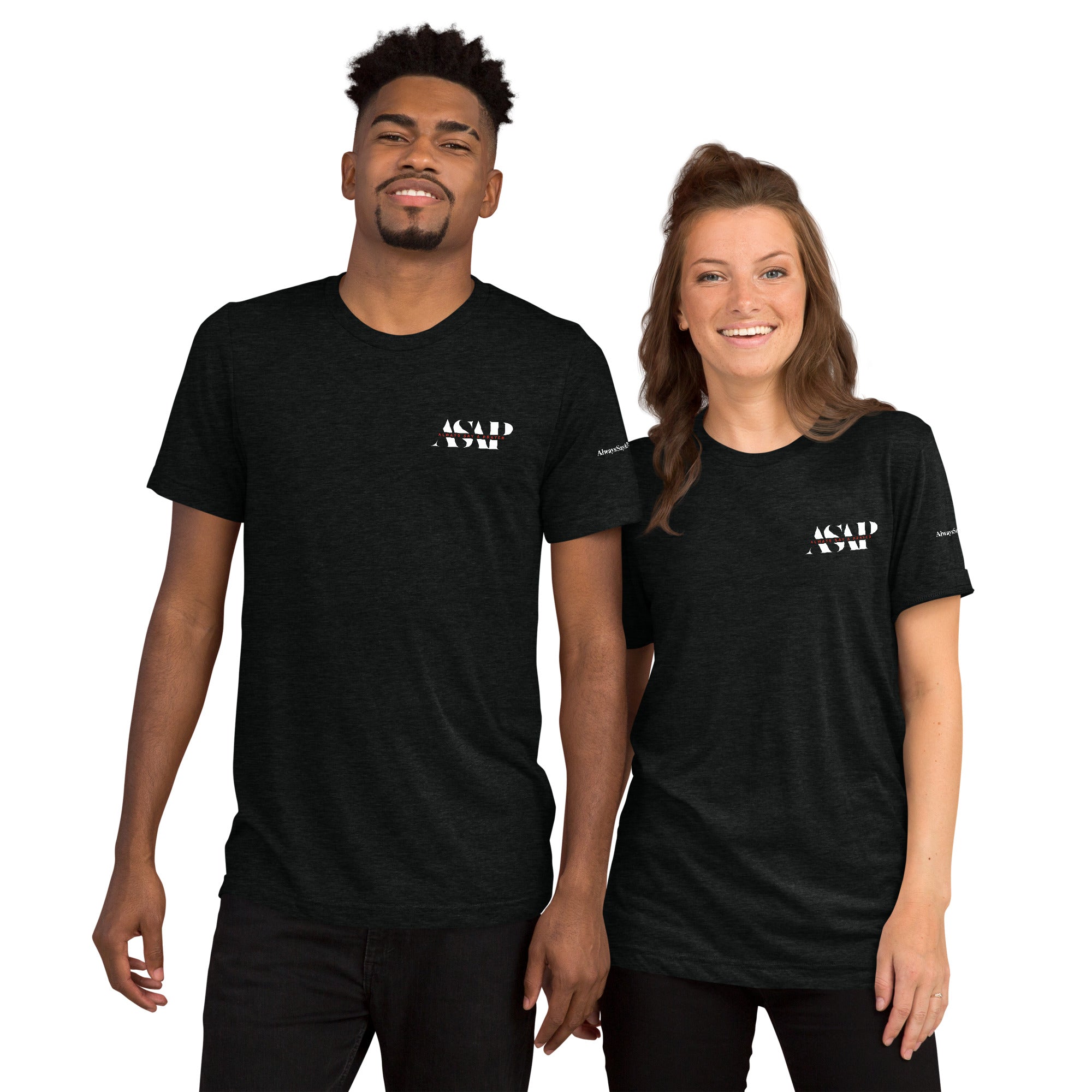 men and women wearing a black unisex tri blend t shirt with white asap print