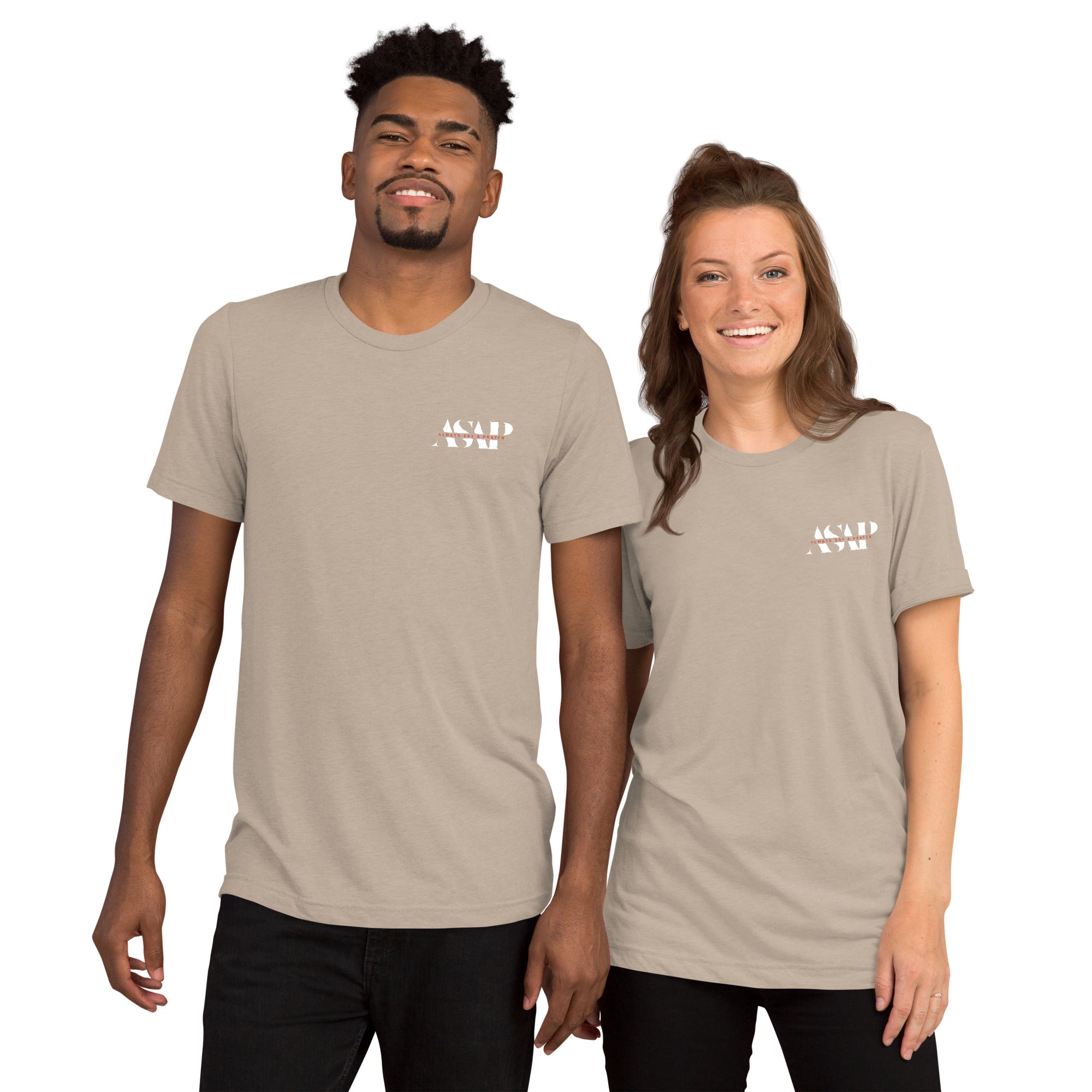 men and women wearing a unisex tri blend t shirt mustard tan with white asap print
