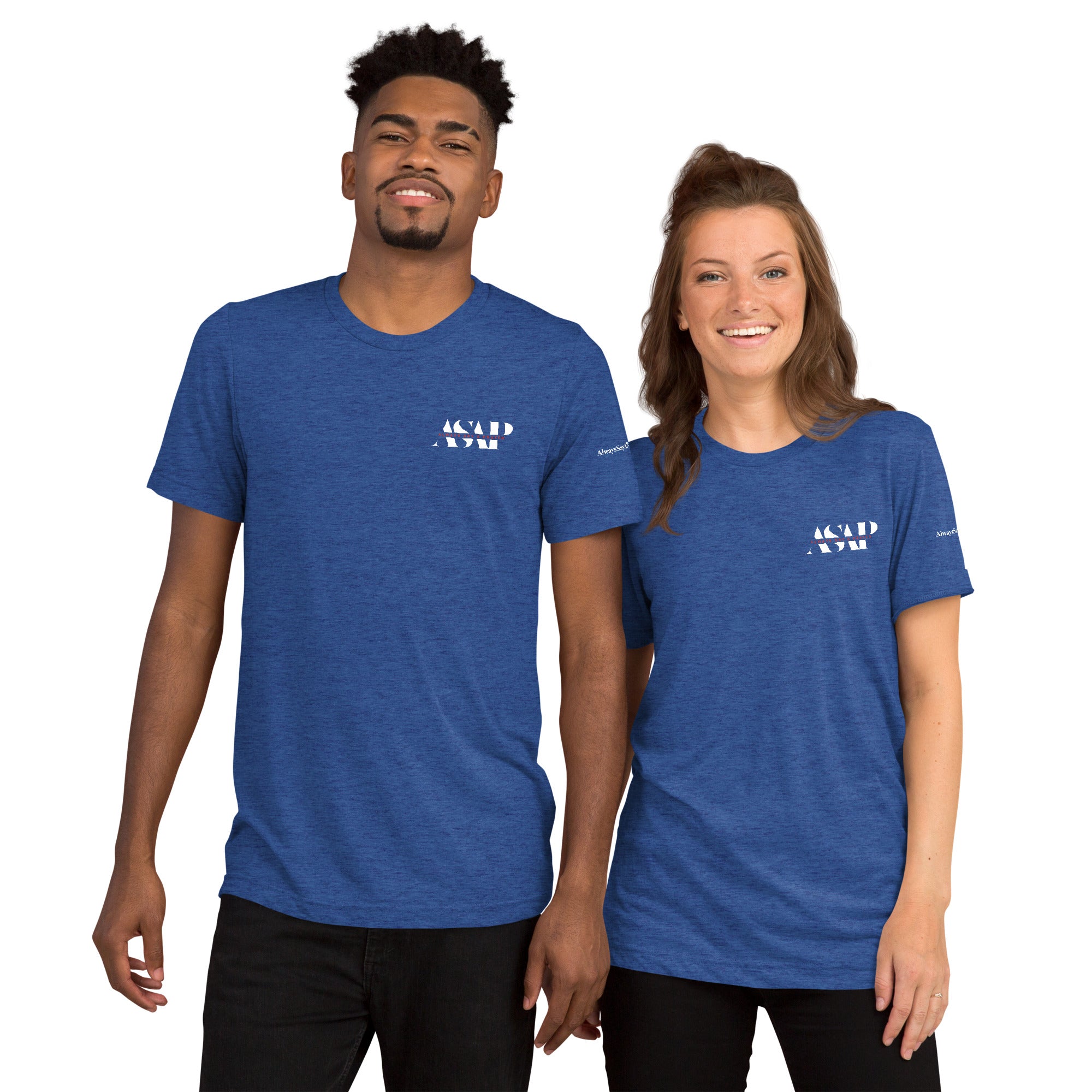 men and women wearing a royal blue unisex tri blend t shirt with white asap print