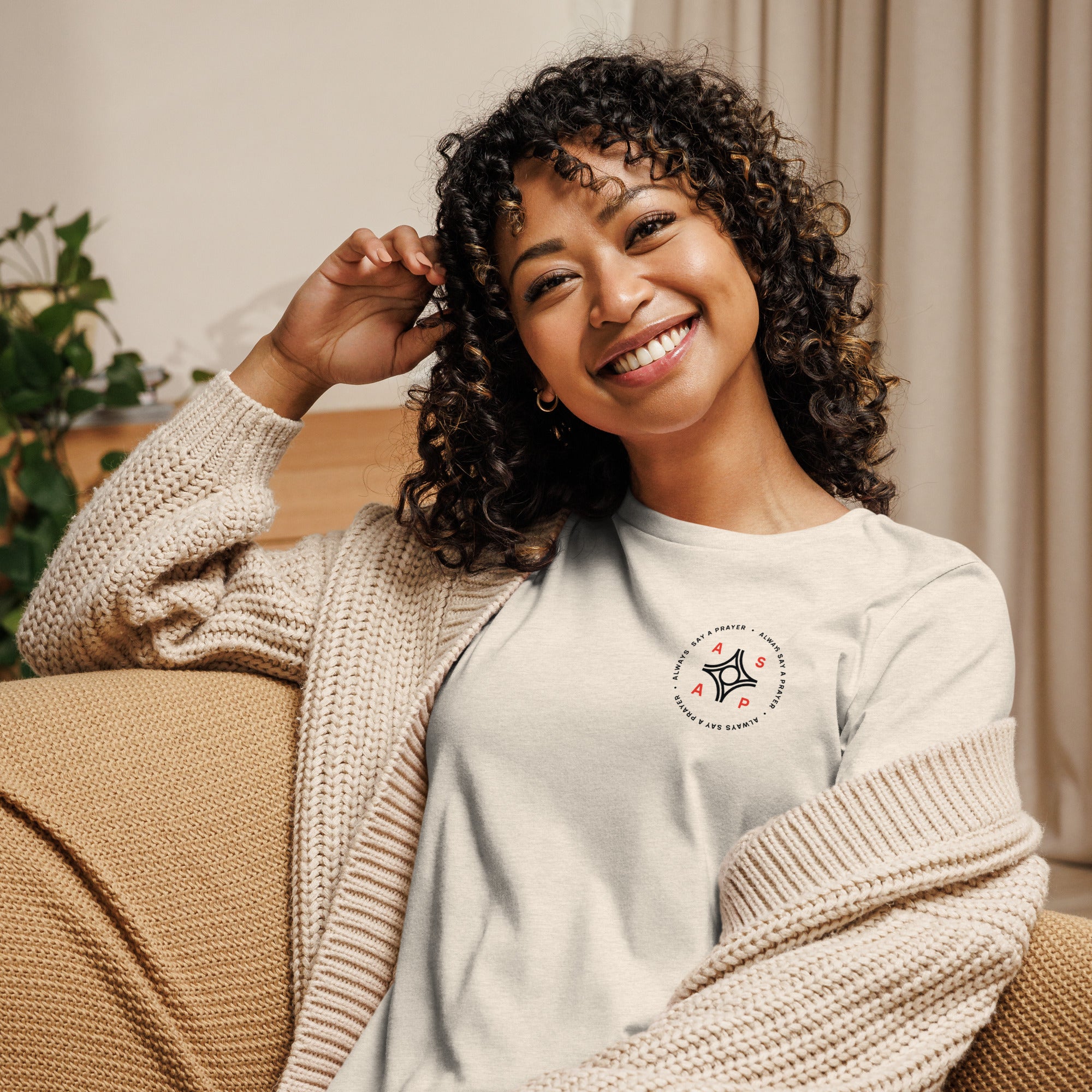 women wearing a khaki relaxed t shirt with white asap print