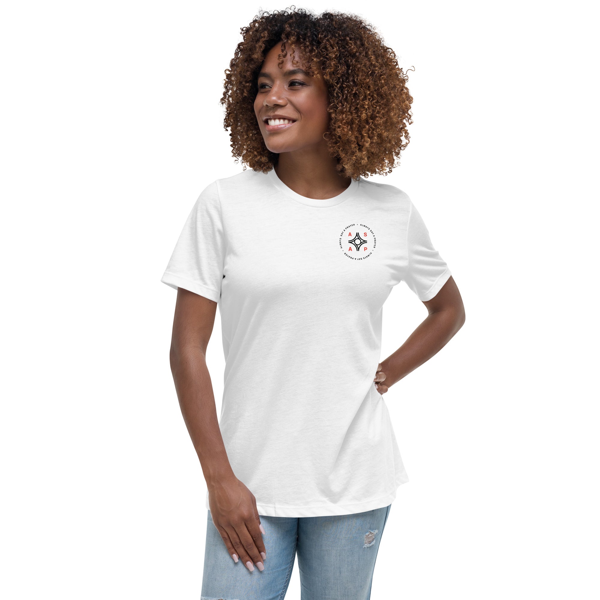 women wearing a white t shirt with black asap print