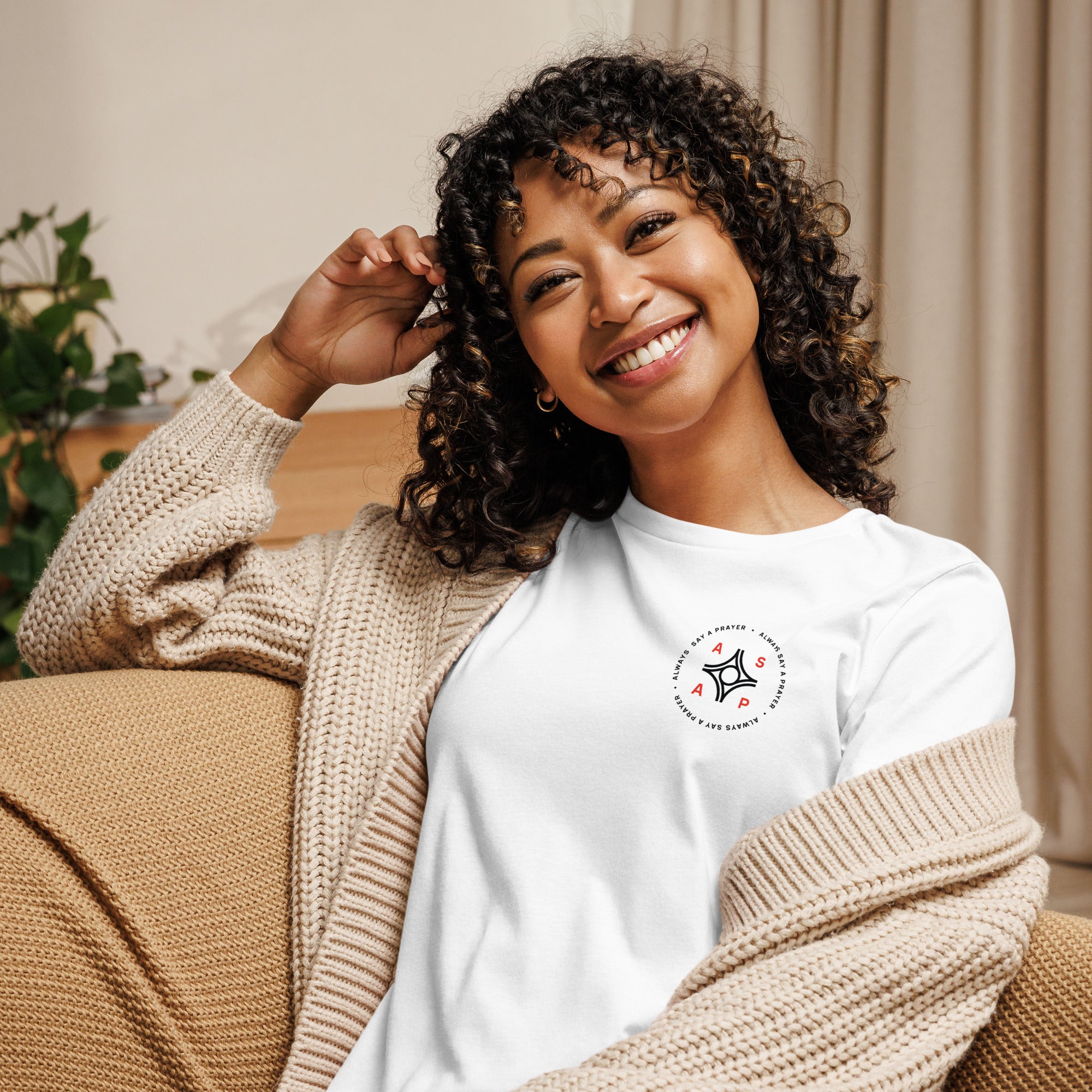 women wearing a white relaxed t shirt with white asap print