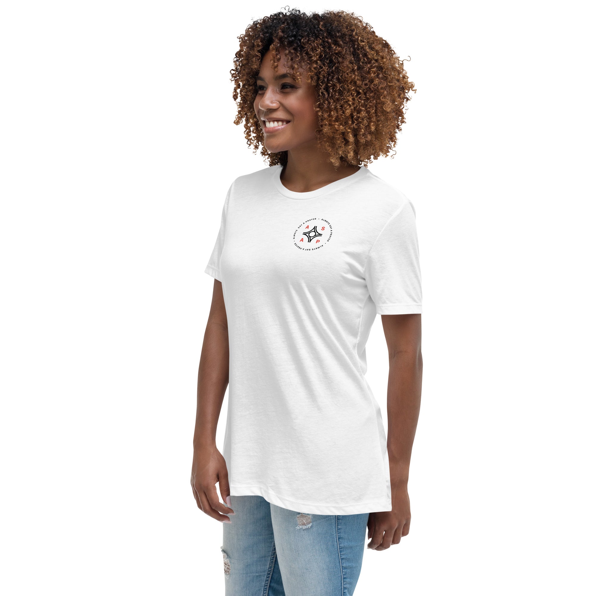 women wearing a white t shirt with black asap print